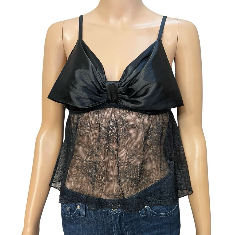 Adore Me Idrina Bow Babydoll Camisole Tank Top Small Black Satin Lace Semi Sheer